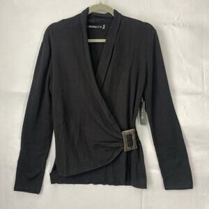 NWT NIC+ZOE Sweater XL Black SemiFitted Faux Wrap Buckle Cardigan Shawl Collar V